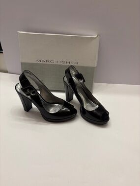 Marc Fisher Black Patent Peep Toe Slingback Platform Heels